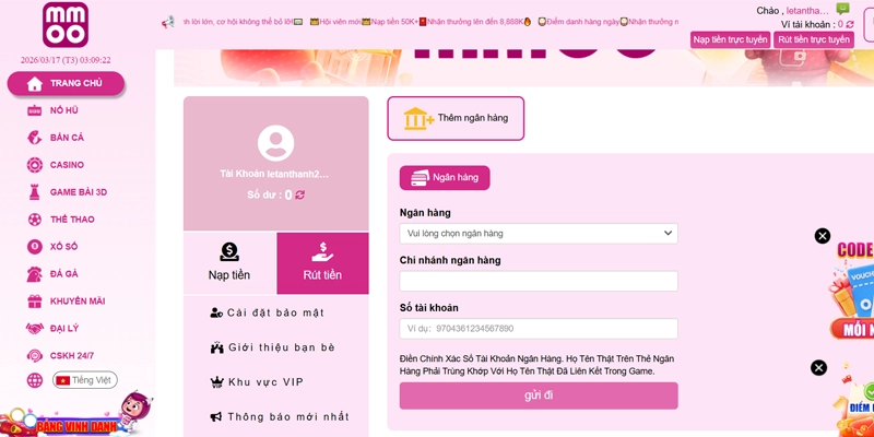 Hướng Dẫn MMOO - Cẩm Nang Cơ Bản Dành Cho Người Mới 2026 11 Các thao tác rút tiền MMOO thưởng chỉ vài phút đơn giản